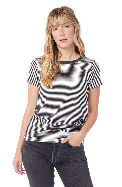 Black/White thin stripe tee with solid black neckline binding.  Has flattering feminine fit with crew neck.
