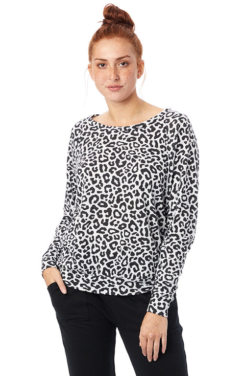 Black/White Leopard printed tee has a relaxed roomy fit, slightly open neckline, and full-length raglan sleeve.