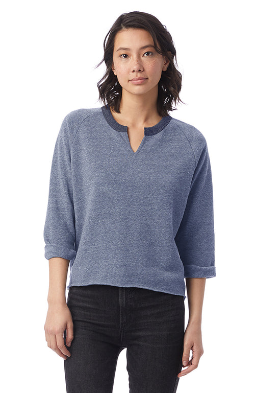 Navy Blue relaxed easy fit sweatshirt with contrast neckline binding with center slit, rolled and tacked sleeves, high-low hem.