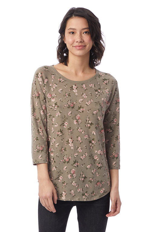 Dark Beige floral printed, relaxed fit tee with 3/4 raglan sleeve and slight shirttail hem.