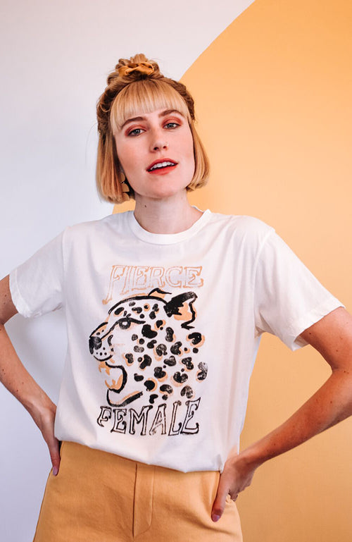Creme colored slightly slouchy crew neck T Shirt, with hand painted "Fierce Female" tiger graphic