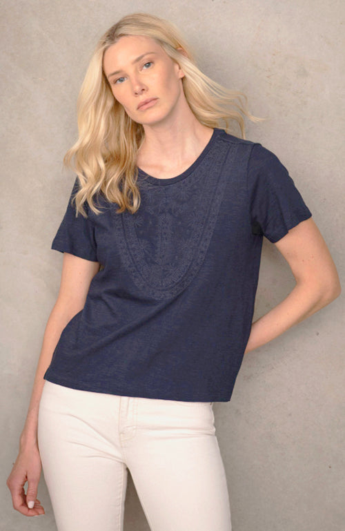 Indigo relaxed fit crew neck T Shirt, with intricate tonal hand embroidery at front neckline/body.