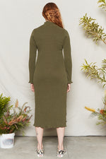 Army Green midi dress with fitted body and sleeves, and a mock neck.