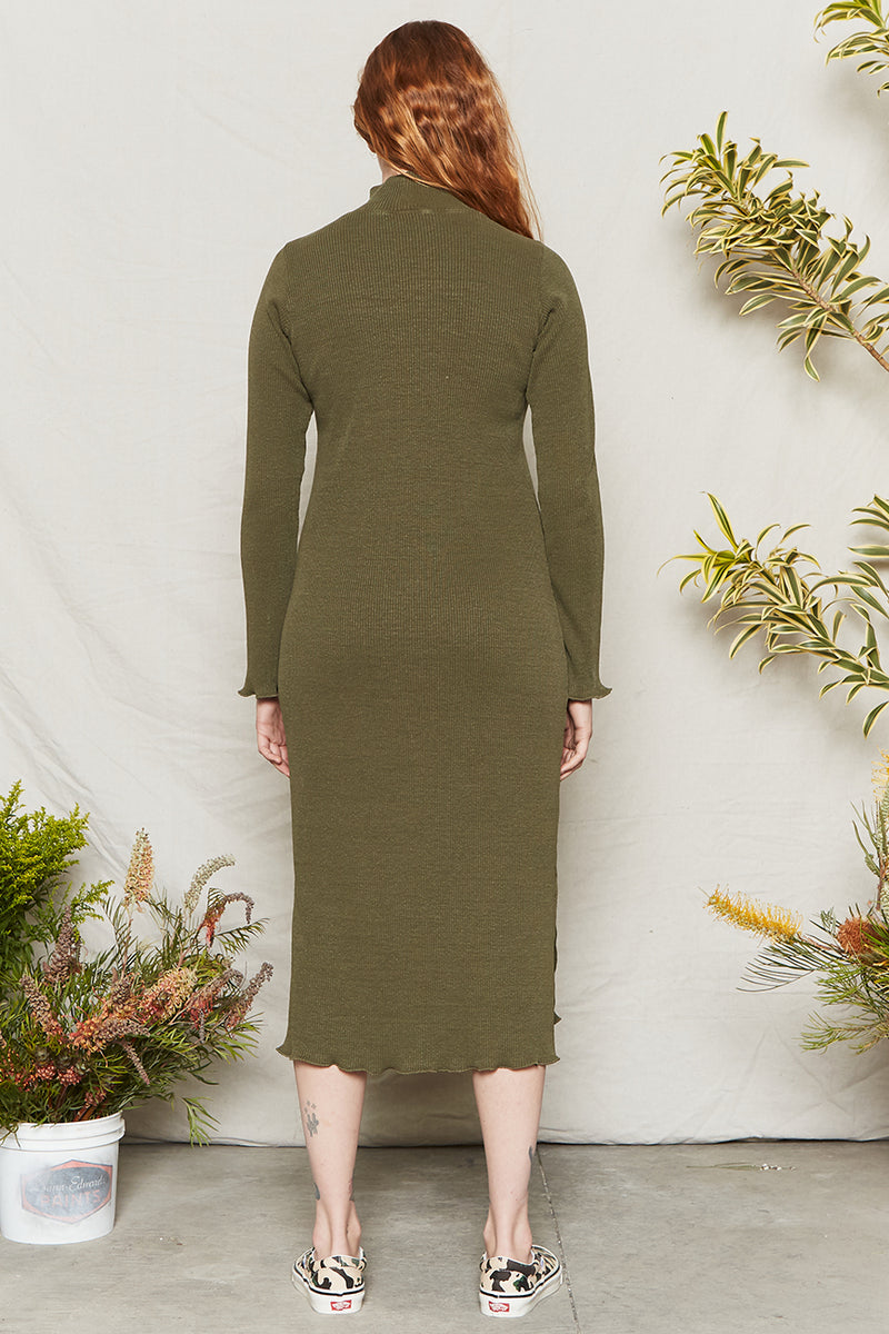 Army Green midi dress with fitted body and sleeves, and a mock neck.