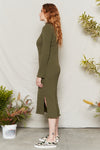 Army Green midi dress with fitted body and sleeves, and a mock neck.