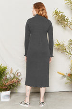 Vintage Black midi dress with fitted body and sleeves, and a mock neck.