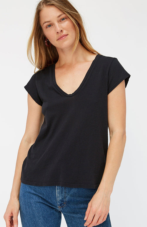 Tar Black relaxed deep scoop neckline tee with a slight V and flattering cap sleeves.