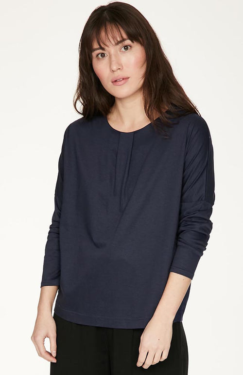 Midnight Navy top has a relaxed fit, dropped shoulders and a box pleat at front neckline.